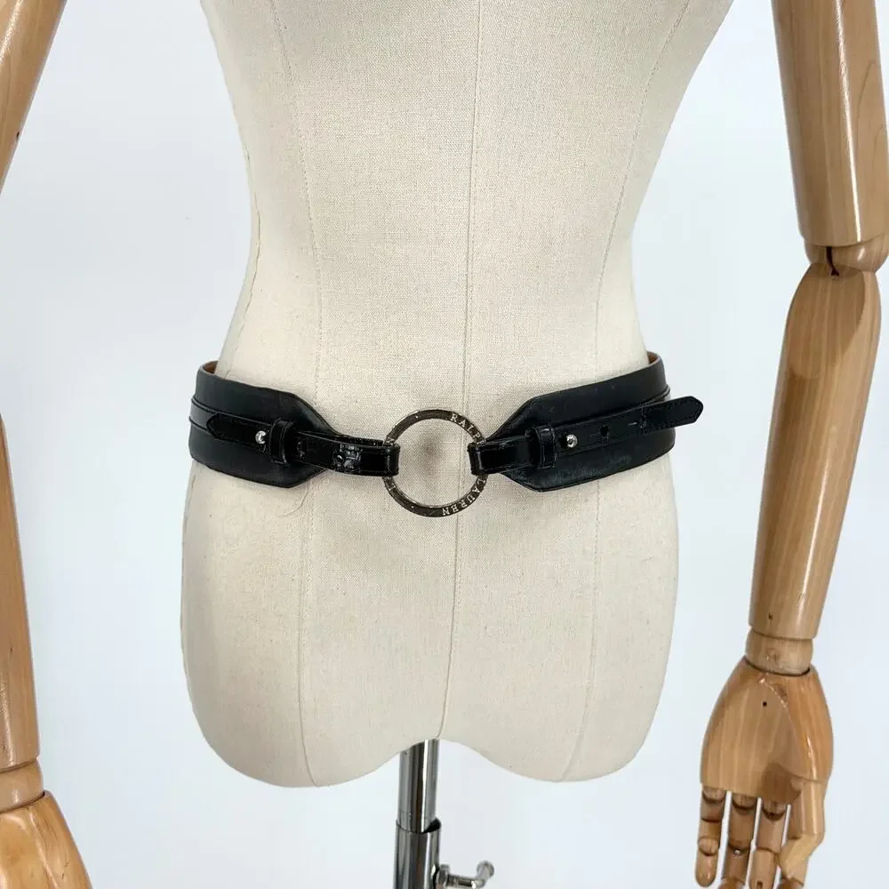 Lauren Ralph Lauren Wide Black Italian Leather O-Ring Adjustable Belt